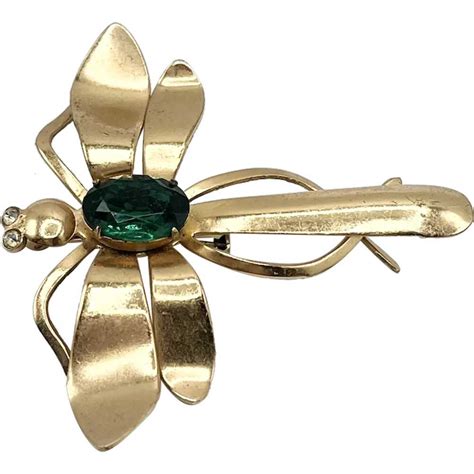 Vintage Coro Green Rhinestone Dragonfly Brooch Pin Gem