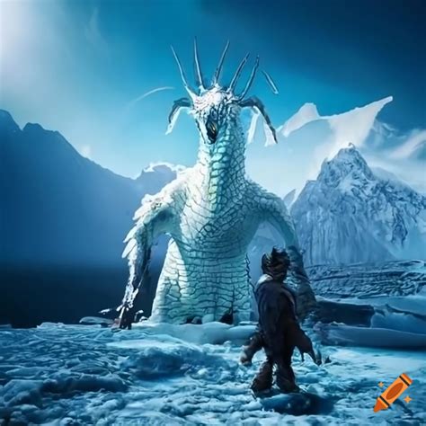 Giant Ice Dragon Looking At Small Soldier In Open Field Of Ice With Few