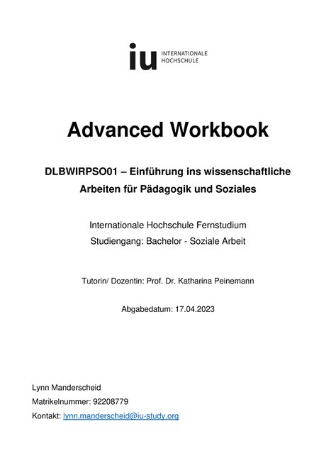 Workbook Wissenschaftliches Arbeiten Advanced Workbook DLBWIRPSO01