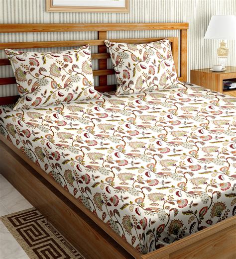 Buy Brown Floral 180 Tc Cotton 1 Double King Size Bedsheet With 2