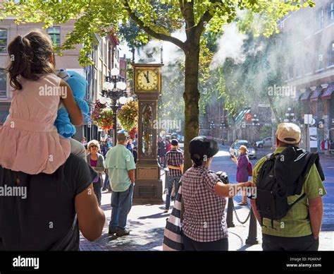 People On Cambie Street With The Gastown Steam Clock Vancouver