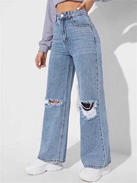 High Waisted Ripped Light Wash Jeans Shein Jeans Casual High Waisted