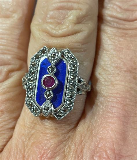 Proantic Bague Argent Lapis Lazuli Marcassites Rubis