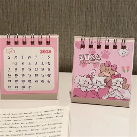 2024 CARTOON PINK Cat Desk Calendar Mini Cute Standing Flip Desktop