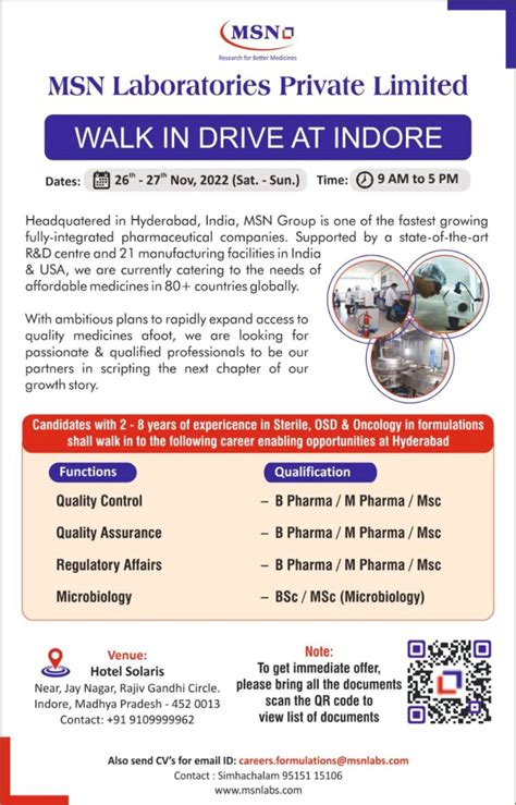 Msn Laboratories Pvt Ltd Walk In Drive For Mpharm Bpharm Bsc Msc