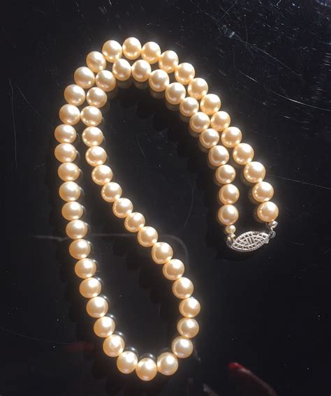 Mid Century Faux Pearl Sterling Necklace Gem