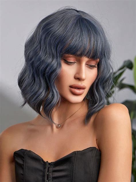 14 Inch Fog Blue Bob Wigs For Women With Bangs Shoulder Length Hair Wig For Women Heat Resistant