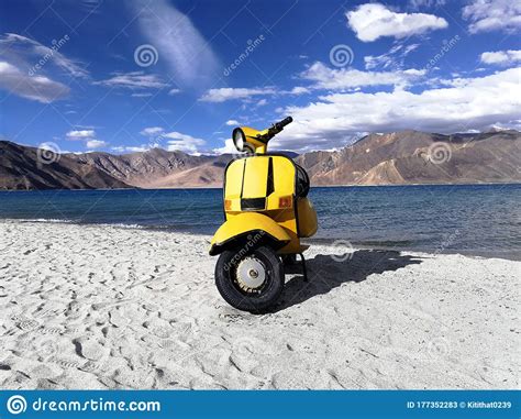 Yellow Scooter At Pangong Lake Stock Image Image Of Hipster Lake