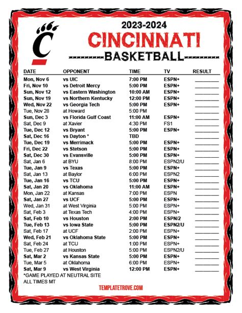 Printable 2023 2024 Cincinnati Bearcats Basketball Schedule