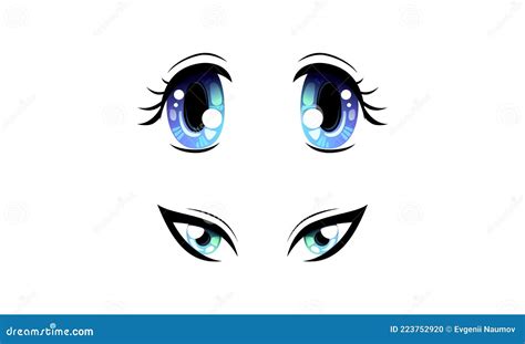 Beautiful Expressive Blue Eyes With Shiny Light Reflections Set Cartoon