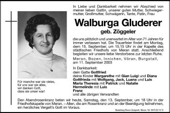 Traueranzeigen Von Walburga Gluderer Trauer Bz