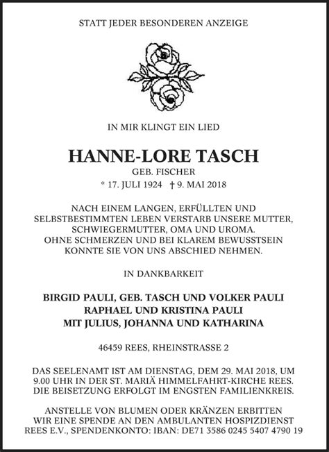 Traueranzeigen Von Hanne Lore Tasch Trauer In Nrw De