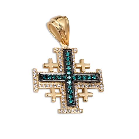 Jerusalem Cross Pendant Yellow And Black Gold 14K White And Blue