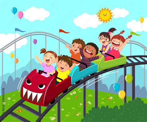 Vector illustration cartoon of kids having fun on roller coaster in an ...