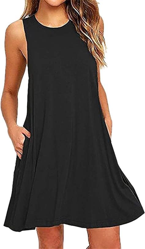 Sommerkleid Leinen Kleider Damen Rundhals Strandkleider Einfarbig A