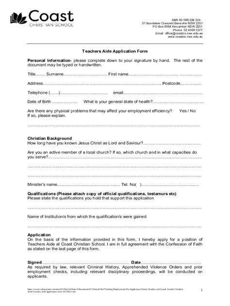 Fillable Online Teachers Aide Application Form Fax Email Print - pdfFiller