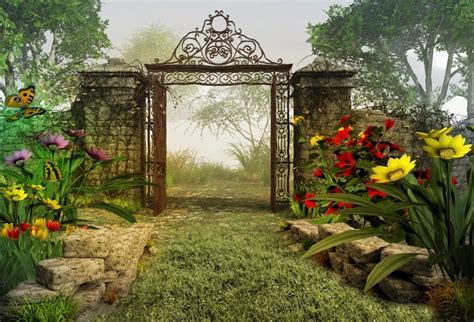 Laeacco Green Spring Old Stone Wall Door Flowers Grass Garden Scene