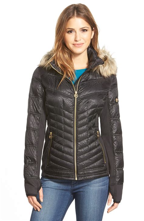 Michael Michael Kors Faux Fur Trim Hood Embossed Mixed Media Down