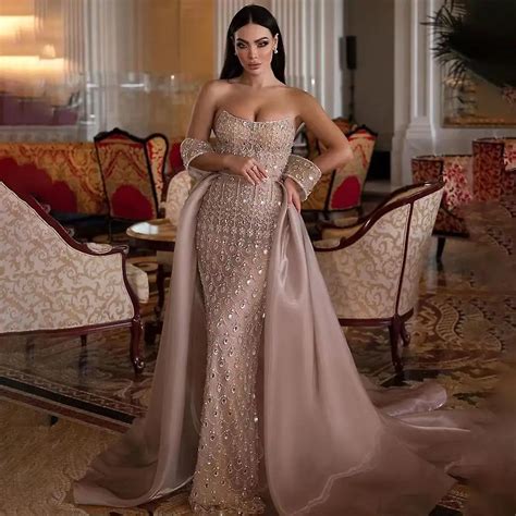 Sharon Said Luxury Champagne Mermaid Arabic Evening Dresses With