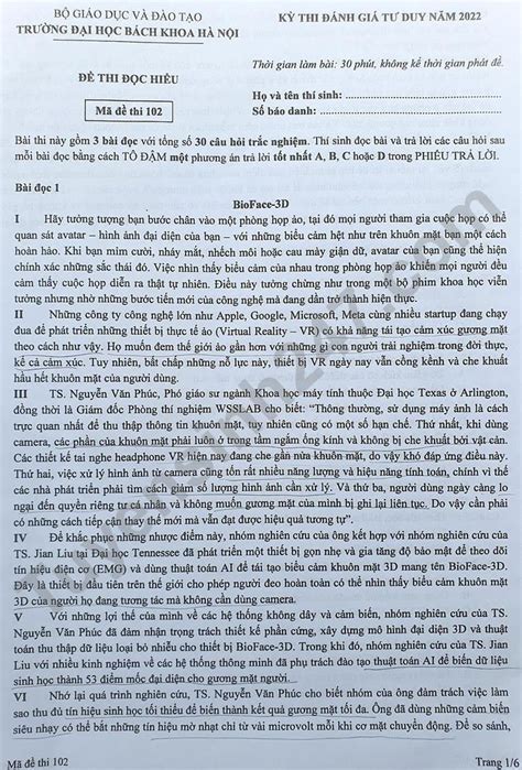 Đề thi Đọc hiểu đánh giá tư duy Đại học Bách khoa Hà Nội 2022