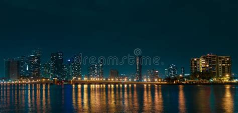 Miami Night. Panoramic View of Miami Skyline and Coastline. Stock Image ...