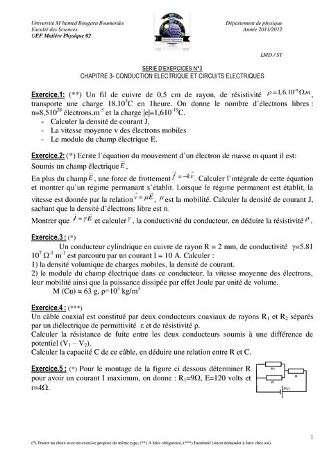 Td Physique Serie N3 Corrige Conductions Et Circuits Electriques