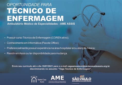 AME Assis contrata Técnico de Enfermagem O Diário do Vale