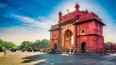 Premium Photo | View of the red fort lahori gate during sunny summer ...