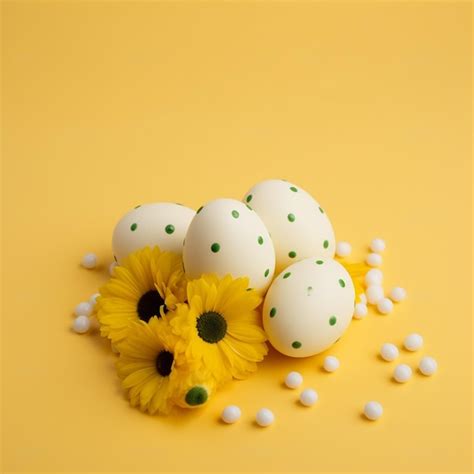 Premium Photo White Easter Eggs With Polka Dots On A Yellow Background