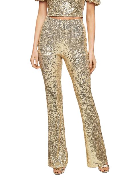 Gwiyeopda Women Sequin Pants Sparkly Glitter High Waisted Wide Leg