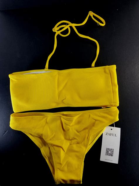 NWT Ribbed Texture Bandeau Bikini Set Yellow Size S Property Room