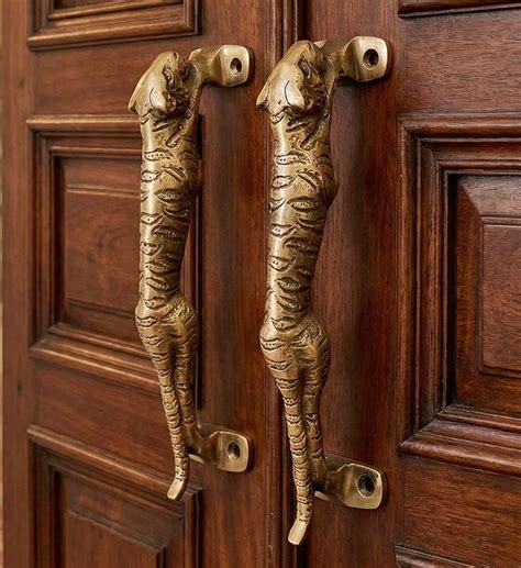 Set of 2 Antique Look Golden Brass Jaguar/Tiger Door Pull Door Handle
