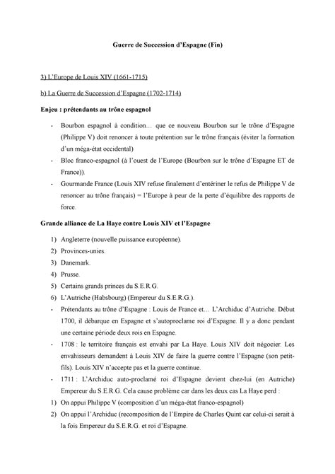 Guerre de Succession d Espagne fin et l Éveil du Nord Notes de