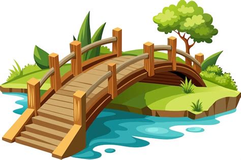 A Cartoon Illustration Of A Wooden Bridge With A River And Trees