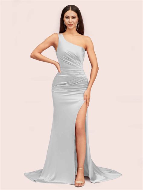 Sexy One Shoulder Mermaid Side Slit Long Satin Formal Prom Dresses