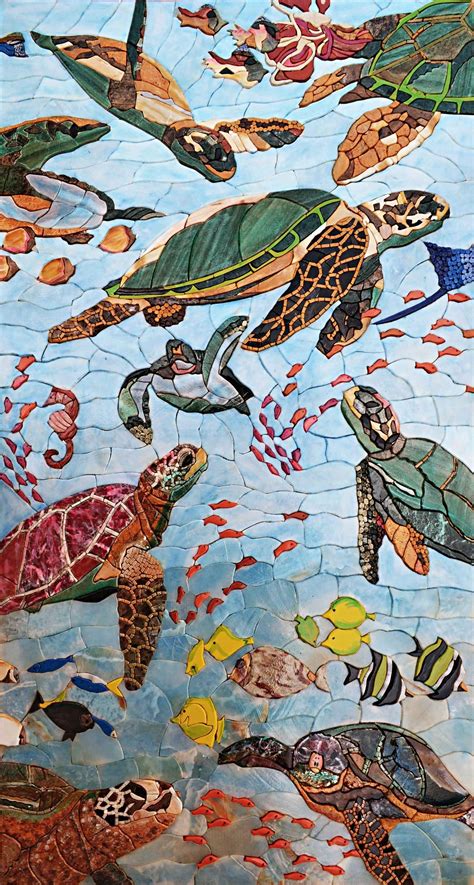 Sea Turtles and Fish - Stone Mosaic Art | Marine Life&Nautical | Mozaico