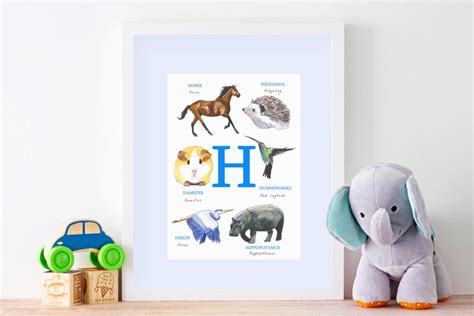 Animal Alphabet Print Letter H H Paintingchildrens Etsy Uk