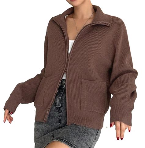 Casual Plain Collar Long Sleeve Coffee Brown Women Cardigans Women S