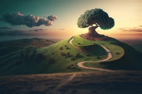 Premium Photo Surreal Giant Tree On Top Of A Hill Detailed Path Up