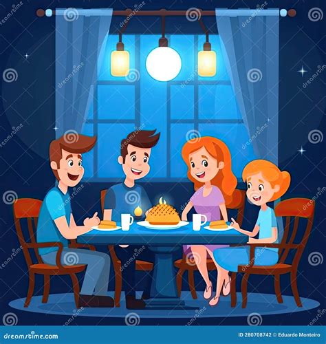 Happy Family Having Dinner in Restaurant, Cartoon Vector Illustration