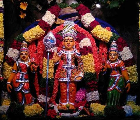 Muruga With His Consorts Valli N Deivayani Red Roses Wallpaper