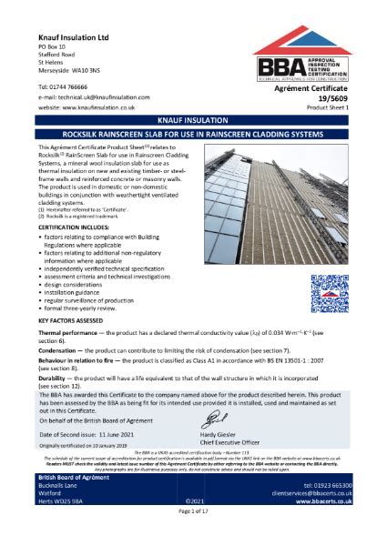 Knauf Insulation Rocksilk RainScreen Slab BBA Certificate 195609