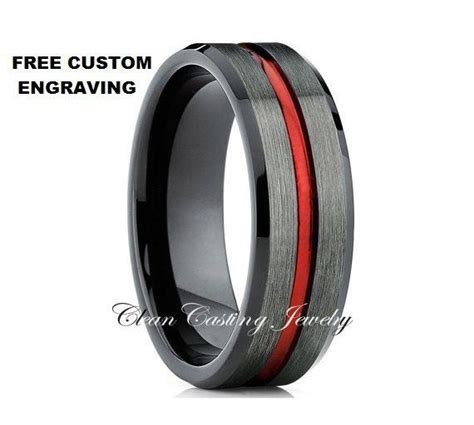 Red Tungsten Wedding Ring Gunmetal Wedding Ring Black Tungsten Ring Red Ring Tungsten