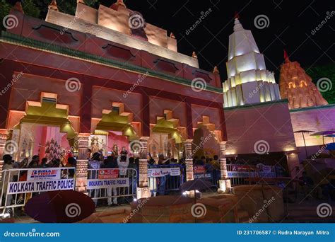 Night Image Of Decorated Durga Puja Pandal Kolkata West Bengal India