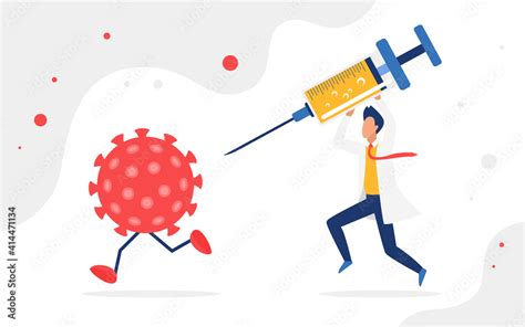 Fight coronavirus, vaccination concept vector illustration. Cartoon viral cell character running ...