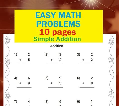 Printable 10 Pages Easy Simple Addition Math Problem Worksheet