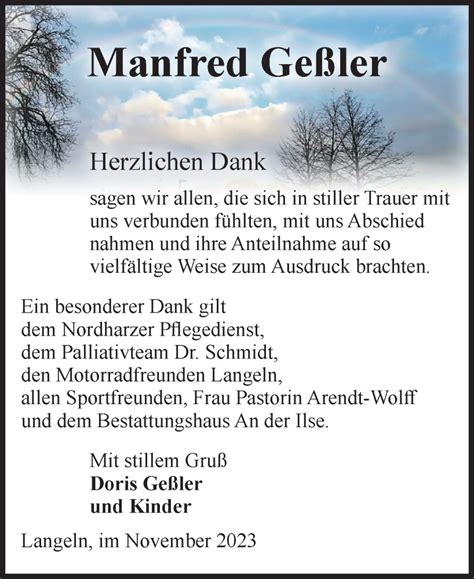 Traueranzeigen Von Manfred Geßler Abschied Nehmende