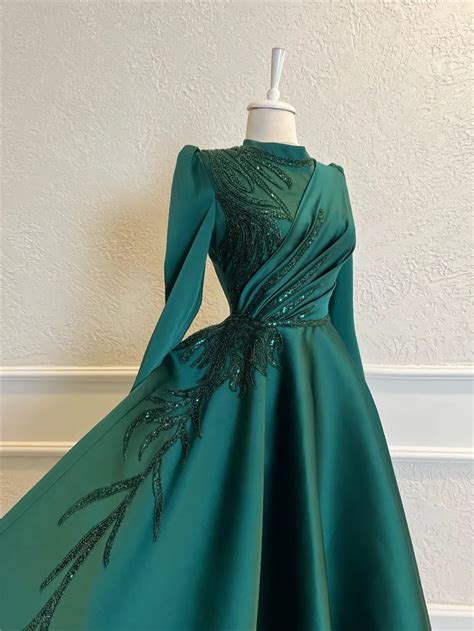 Beaded Satin High Neckline Emerald Party Dress With Long Sleeves