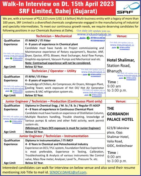 Srf Limited Dahej Walk In Interview 15th April 2023 For Production