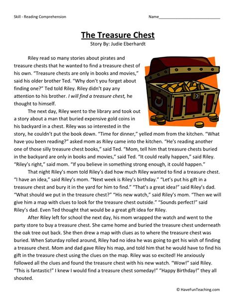 Reading Comprehension Worksheet The Treasure Chest